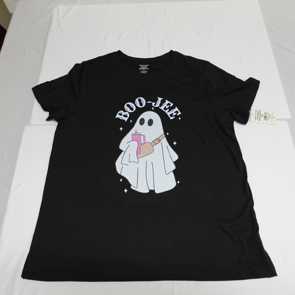 Women's Halloween Shirt LARGE Ghost Boo-Jee Short Sleeve Black Graphic Stanley